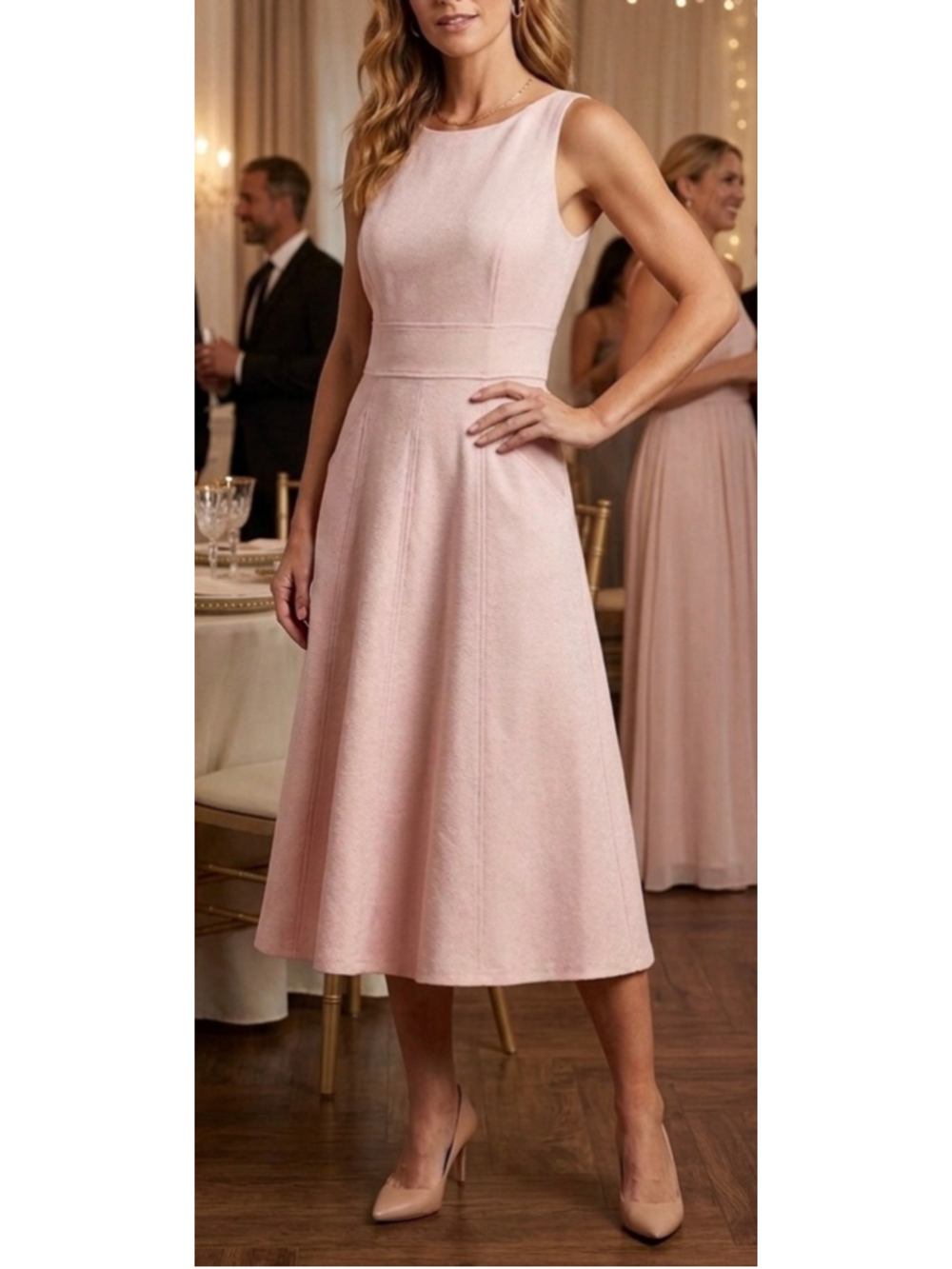NWT Eliza J Blush Pink Textured Midi Dress | Size 4 Sleeveless Pocket A-Line - Picture 1 of 11